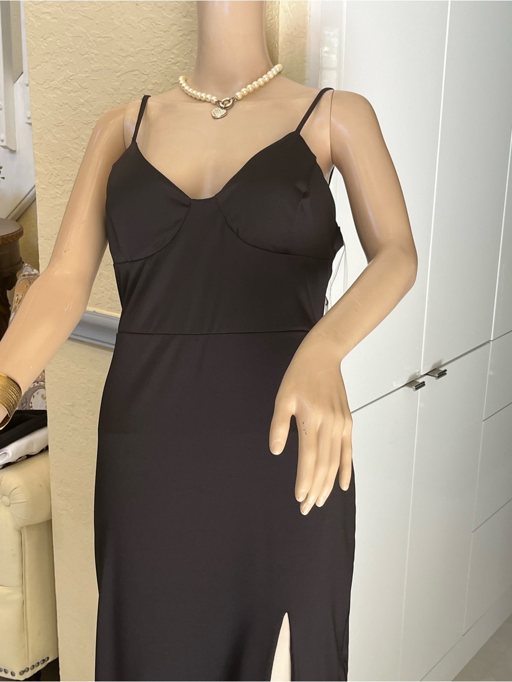 bebe Black Satin Slip Dress with Spaghetti Straps
